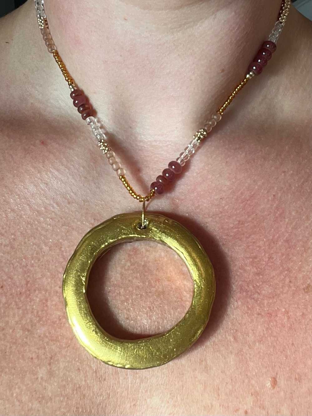 Gold Circle Pendant Necklace with Glass Beaded Chain